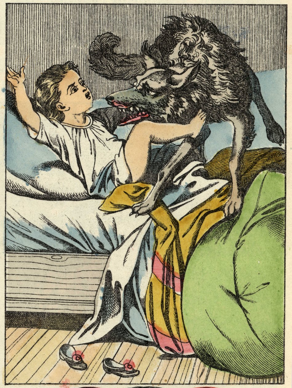 Ulven slår Rødhetta. Illustrasjon av historien "Den lille rødhette" av Charles Perrault av Unknown artist