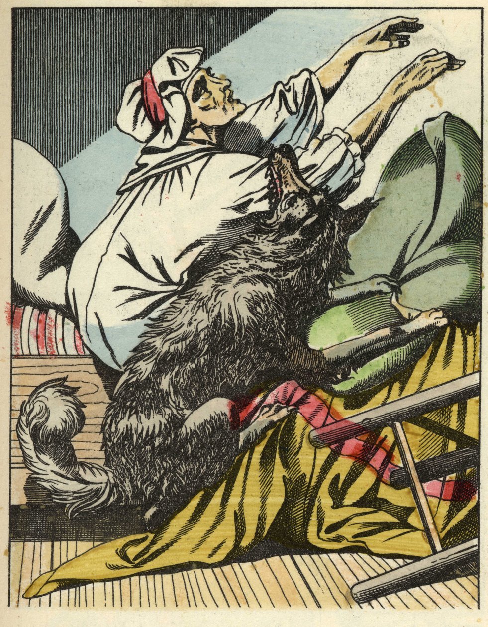 Ulven slår bestemoren til Rødhette. Illustrasjon av historien "Den lille rødhette" av Charles Perrault av Unknown artist