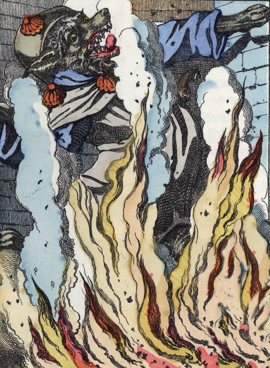 The wolf falls into the fire of the chimney. Illustration of the tale “Compere le Loup, Maitre Renard, Comere la Chevre et ses petits biquets”” after a fable by Jean de la Fontaine. In “” Tales from the home for the little ones””. Anonymous engraving of th av Unknown artist