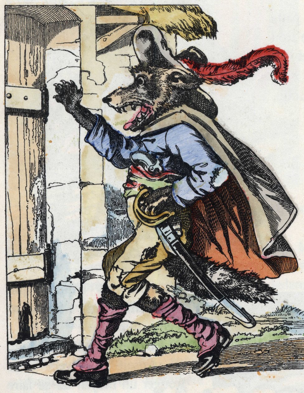 Ulven banker på døren til bikethuset. Illustrasjon av fortellingen "Compere le Loup, Maitre Renard, Comere la Chevre et ses petits biquets"" etter en fabel av Jean de la Fontaine. I "" Fortellinger fra hjemmet for de minste"". Anonym gravering o av Unknown artist