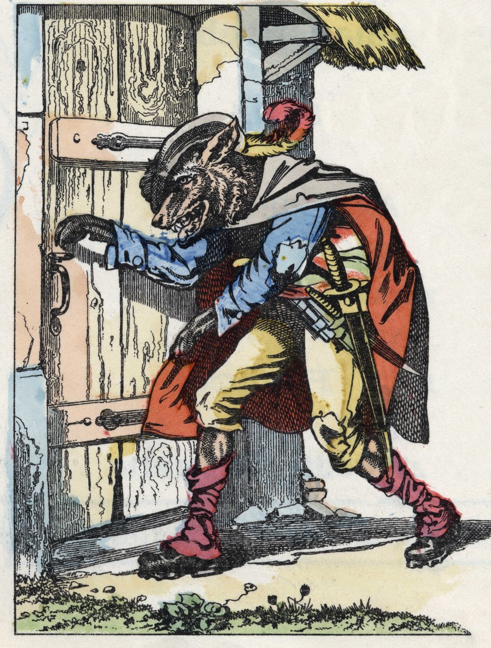 The wolf knocks on the door of the biquet house. Illustration of the tale “Compere le Loup, Maitre Renard, Comere la Chevre et ses petits biquets”” after a fable by Jean de la Fontaine. In “” Tales from the home for the little ones””. Anonymous engraving o av Unknown artist