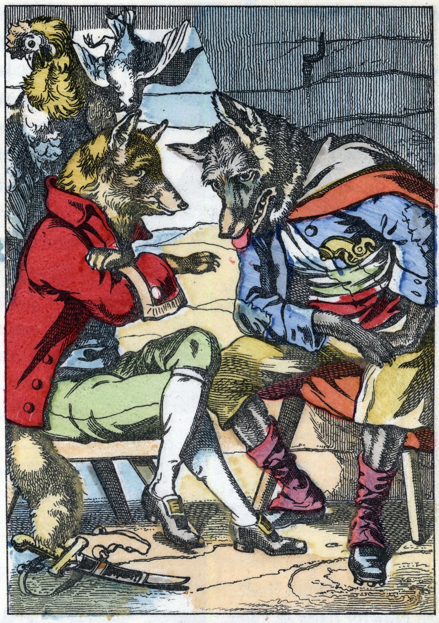 Ulven møter reven igjen. Illustrasjon av fortellingen "Compere le Loup, Maitre Renard, Comere la Chevre et ses petits biquets"" etter en fabel av Jean de la Fontaine. I "" Fortellinger fra hjemmet for de minste"". Anonym gravering fra 1800-tallet. av Unknown artist