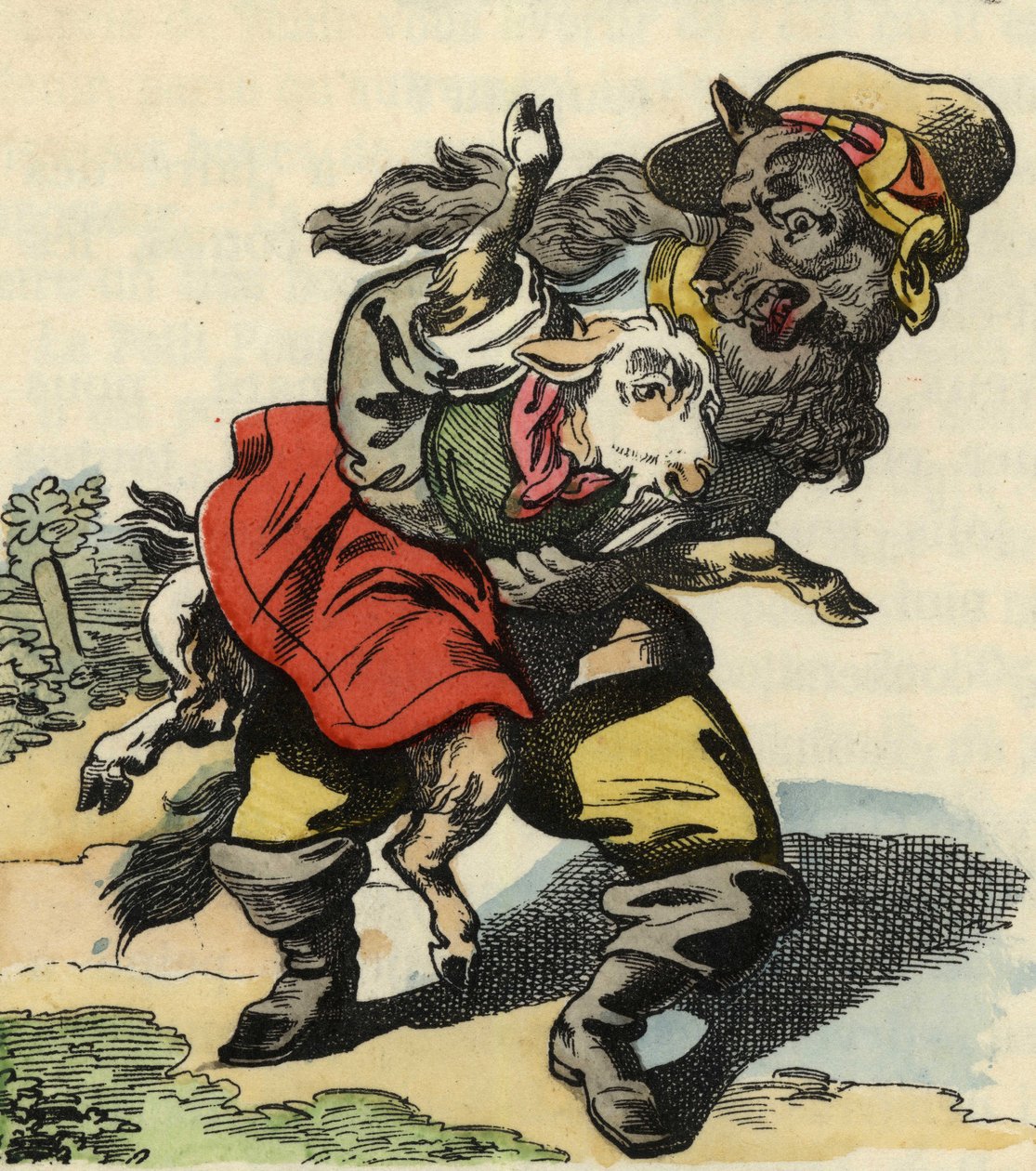Ulven stikker av med en liten gutt. Illustrasjon av historien "Bon medor og Lille Chevrette"". I "" Fortellinger fra hjemmet for de minste"". Anonym gravering fra 1800-tallet. av Unknown artist