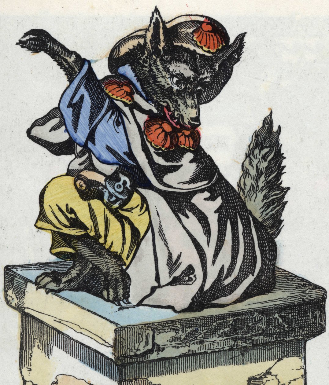 Ulven sitter på skorsteinen. Illustrasjon av fortellingen "Compere le Loup, Maitre Renard, Comere la Chevre et ses petits biquets"" etter en fabel av Jean de la Fontaine. I "" Fortellinger fra hjemmet for de minste"". Anonym gravering fra 1800-tallet. av Unknown artist