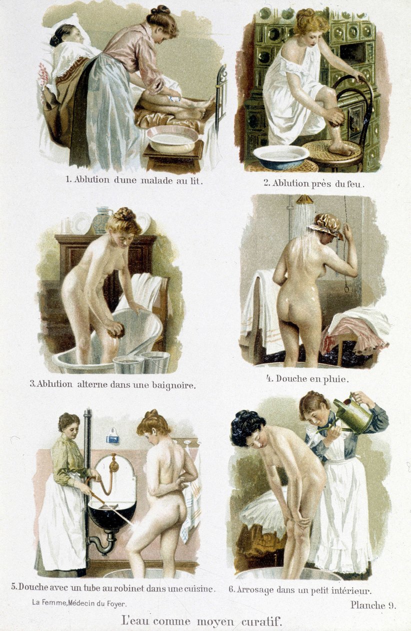 Kvinnen, hjemmelegen: vann som et helbredende middel. 1. Aluering av en syk person i sengen, 2. Aluering ved brann, 3. Aluering veksler i badekar, 4. Regndusj, 5. Dusj med kranrør av et kjøkken, 6. Vanning i et lite interiør - i “ Kvinnen, hjemmelegen"" av Unknown artist