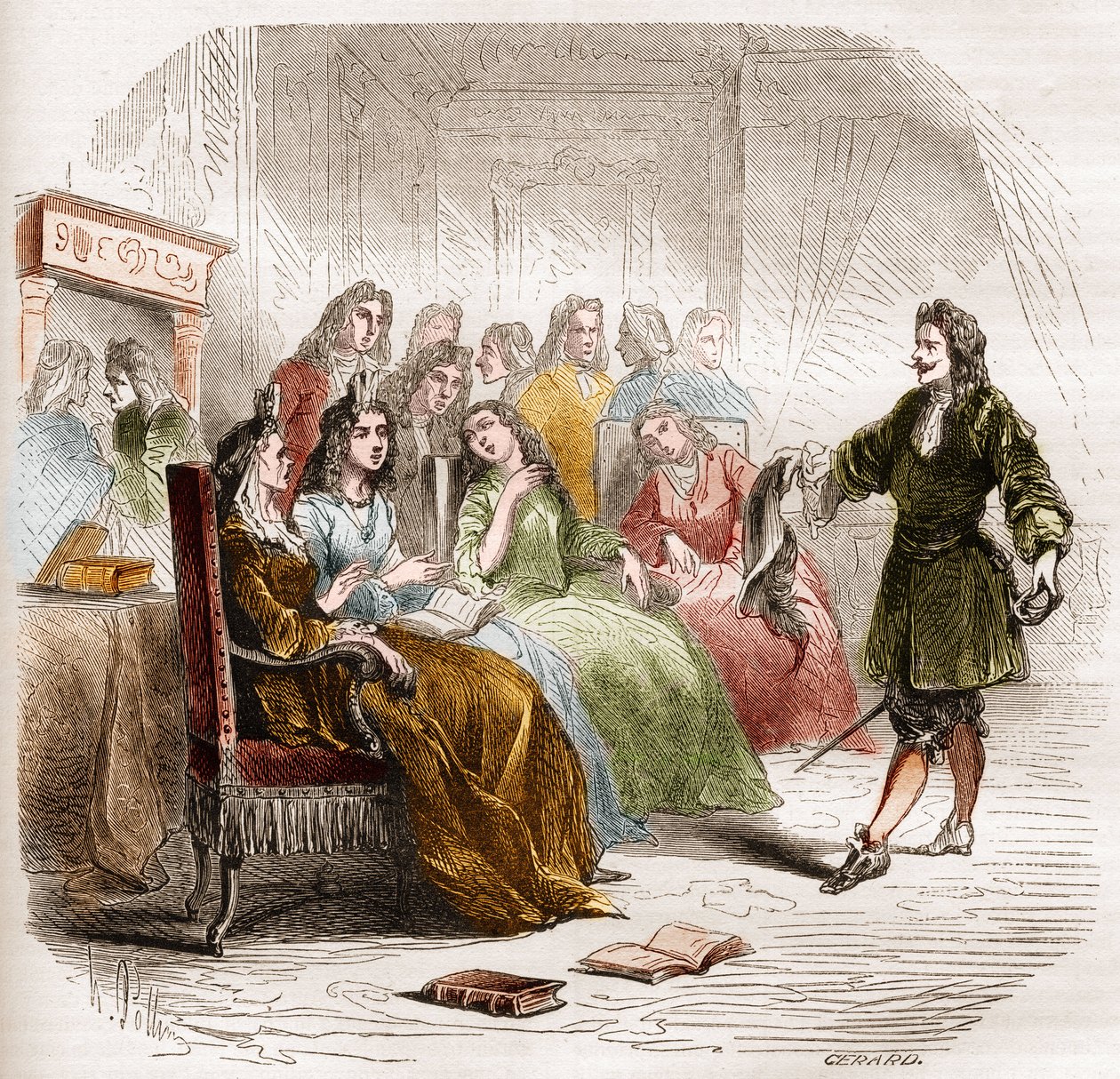 The writer Georges de Scudery (1598-1667) during a litterary salon organized by his sister, Madeleine de Scudery, in 1650. Engraving from 1860-1861. av Unknown artist