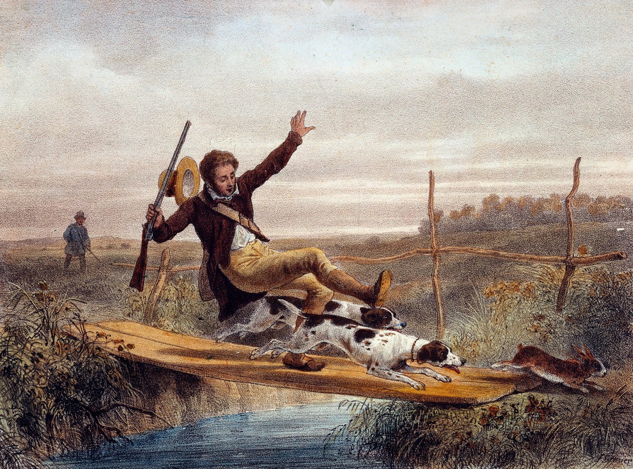 Feil trinn. En jeger faller fra en liten bro, skyver av hunder som kjører en hare. Gravering av 1800-tallet. Gien, Jaktmuseum av Unknown artist