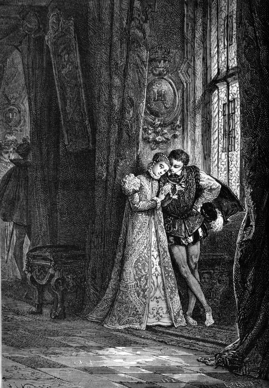 De unge forloverne Marie Iere Stuart (1542 - 1587) og Francois II (1544 - 1560) likte å sette seg til side for å skape tillit. Gravering av 1800-tallet. av Unknown artist