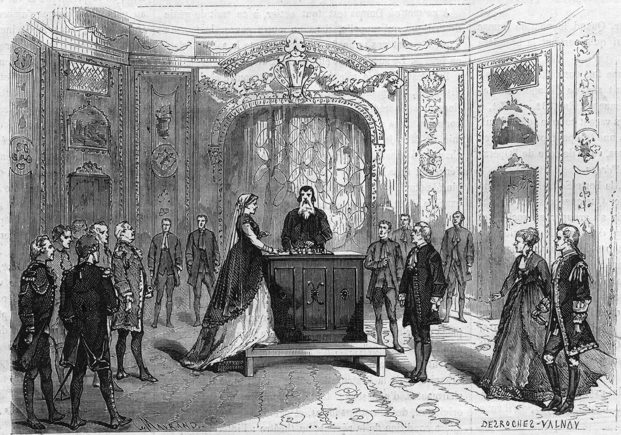 Theatre de l'Ambigu comique i Paris: scene for sjakkspilleren. Piece de theater "" la czarine"", drama av Jules Adenis (1823-1900) og Octave Gastineau. Gravering i "" The Illustrious Universe"" av Unknown artist