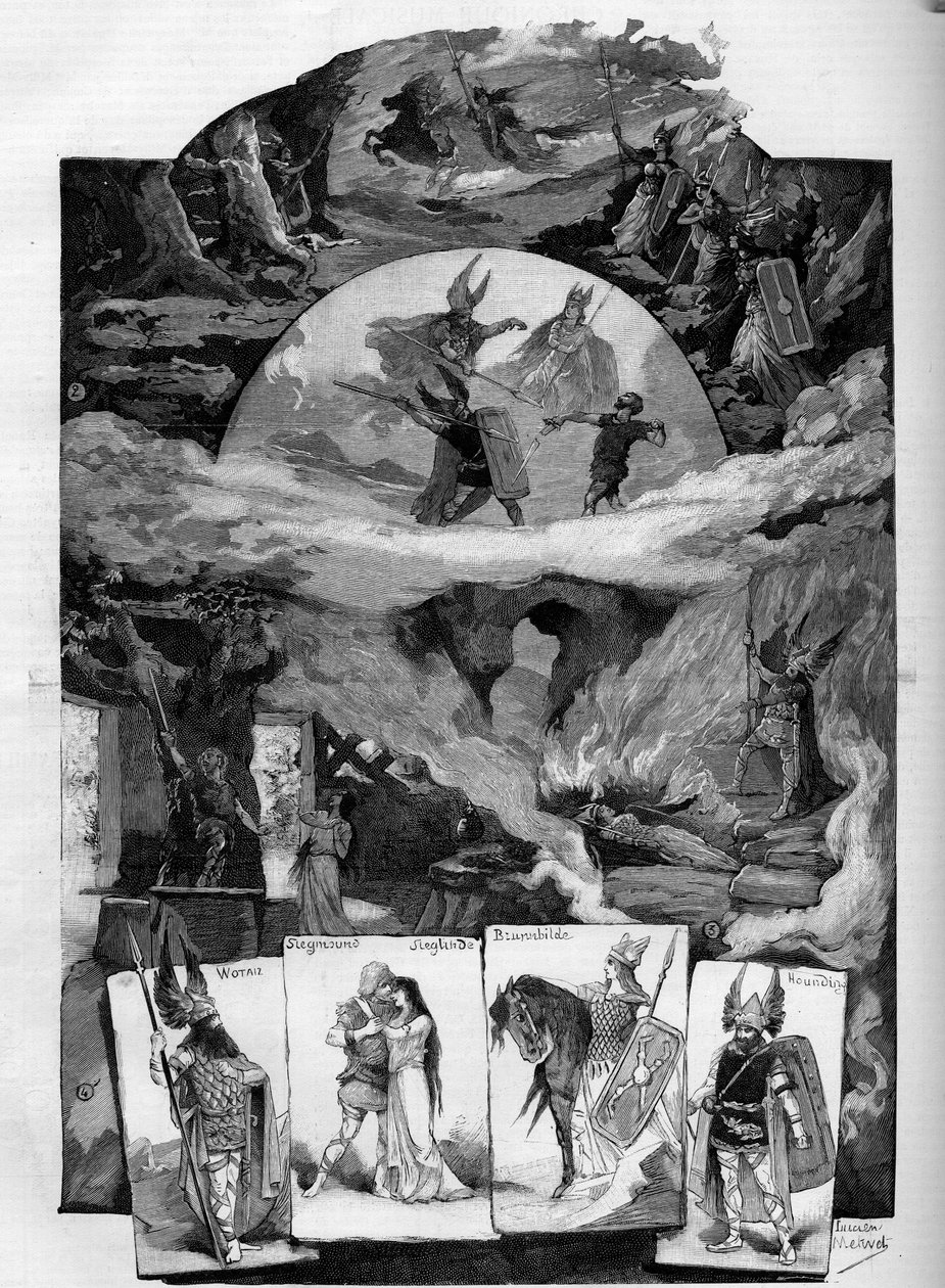 Teaterstykket "" Die Walkure"" (Valkyrien), drama av Richard Wagner (1813-1883) representerer på Théâtre de la Monnaie i Brussel. Gravering i ""The illustrious world"" av Unknown artist