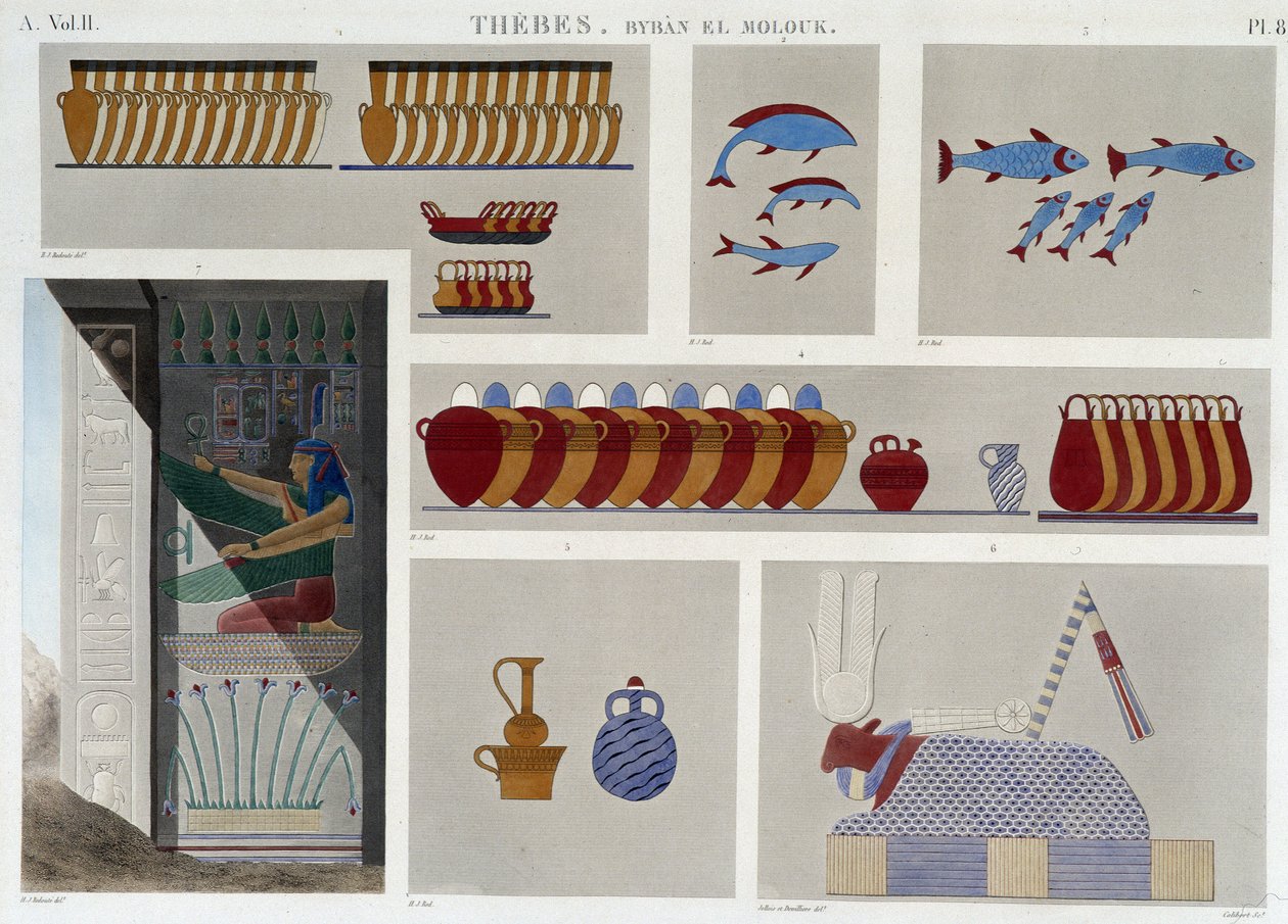 Theben: Bybân el Molouk. pl 87: Malerier av den 5. kongegraven i øst, 7. basrelieff fra inngangen til samme grav i "" Egyptian Antiquites"", sd. 1800-tallet av Unknown artist