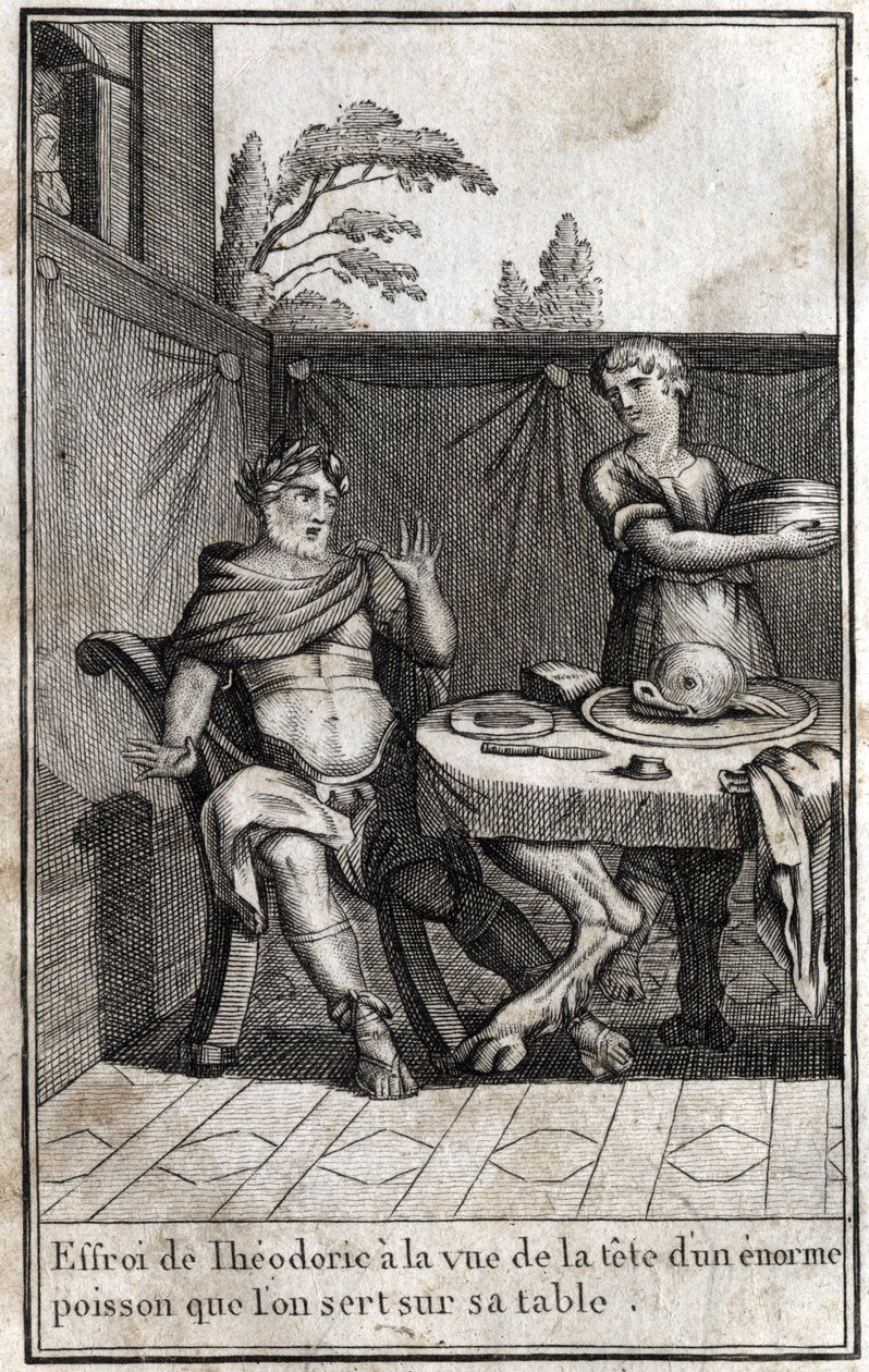 Theodoric the Great (ca. 454/455-526), king of the Goths, is frightened at the sight of the head of a huge fish serving on his table. Engraving in “Beaute de l