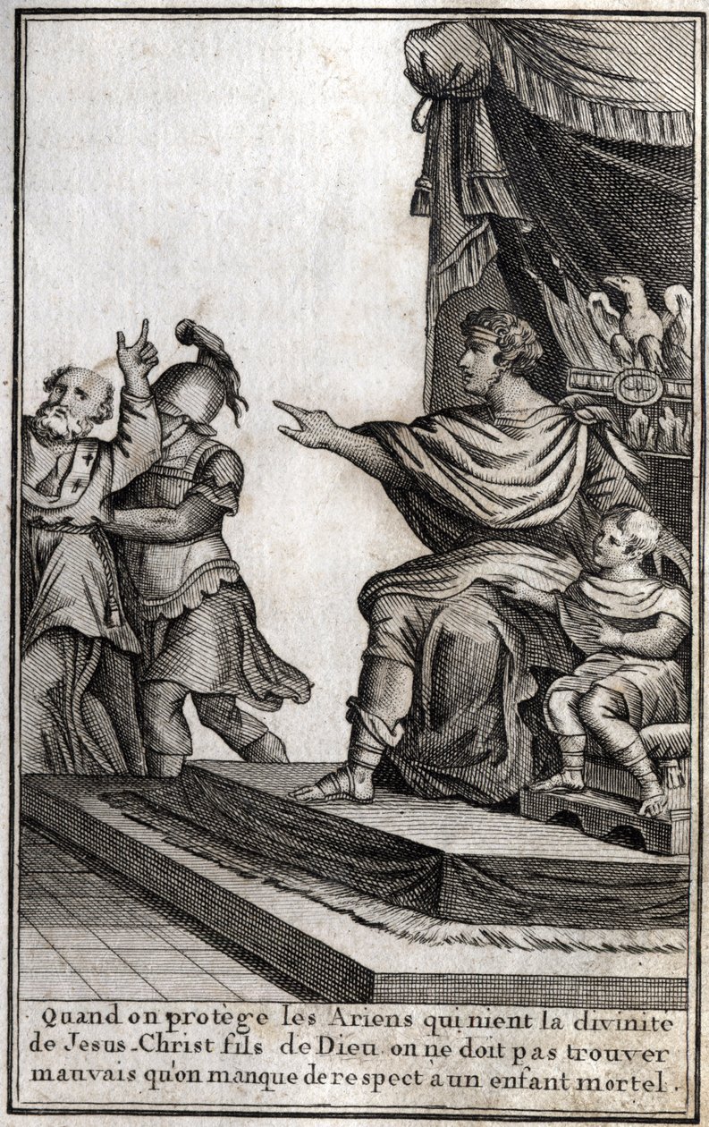 Theodosius I (Flavius Theodosius) (347-395), romersk keiser, fikk Amphiloque, eveque av Icone, arrestert for manglende respekt for sin sønn, Arcadius (377-408). Evequen erklærer "Når vi beskytter arianerne som fornekter Jesu Kristi guddommelighet, Gud av Unknown artist