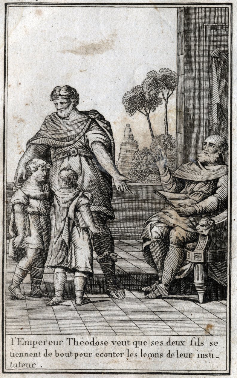 Theodosius I (Flavius Theodosius) (347-395), romersk keiser, vil at hans to sønner, Arcadius (377-408) og Honorius (384-423), skal reise seg for å lytte til leksjonene til læreren deres. 4. århundre. Gravering i "Beaute de l