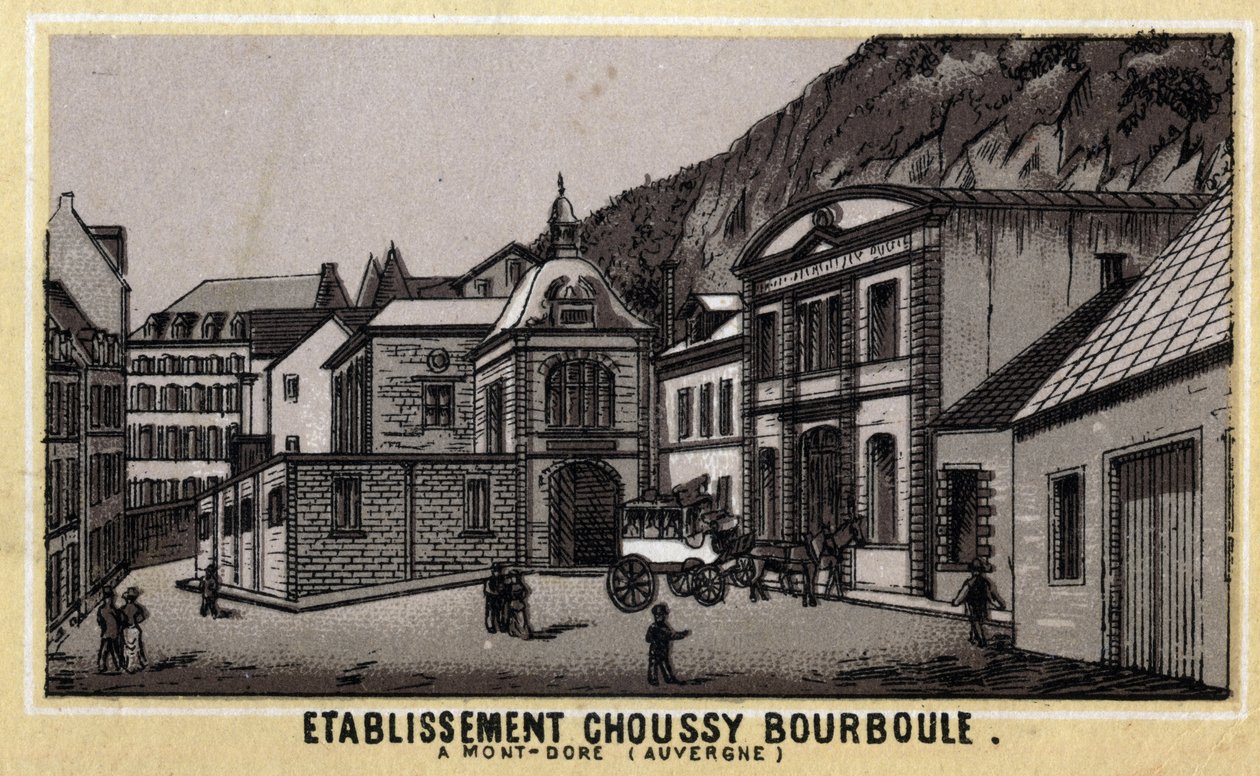 Termiske etablissementer til Choussy a Bourboule i Monts Dore-massivet, i departementet Puy-de-Dome i Auvergne. Kromolitografi fra slutten av 1800-tallet. av Unknown artist