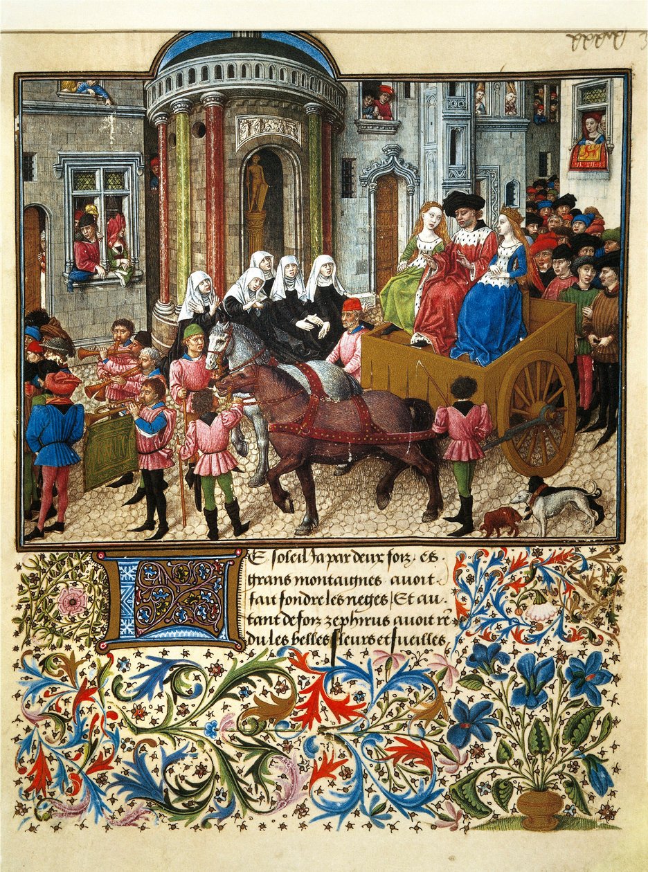 Disse er en Athens-miniatyr fra et fransk manuskript av "" Teseida fra bryllupet til Emilia "" av Giovanni Boccaccio (Boccace) (1313-1375) av Unknown artist