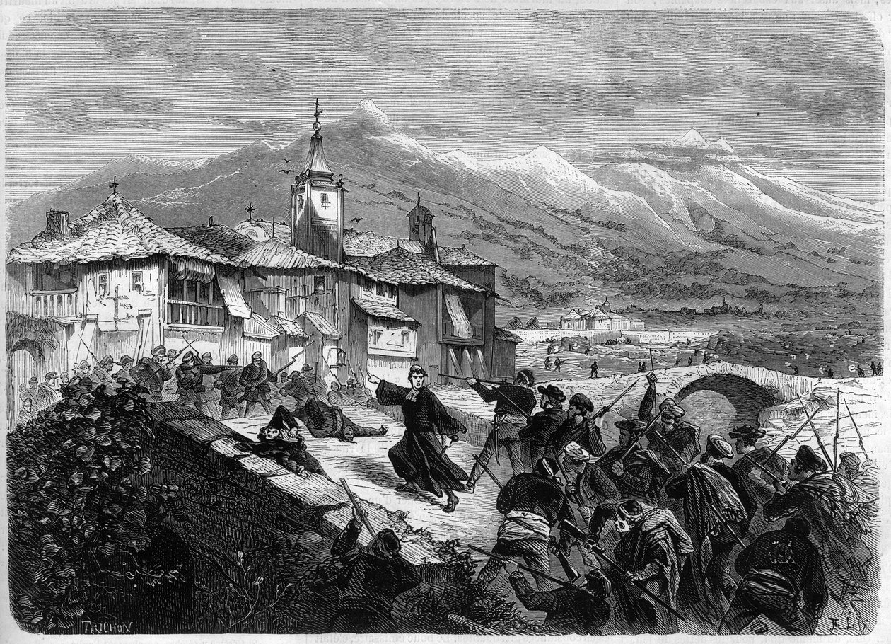 Third Carlist War (1872-1876): Battle between government troops and a Carlist band in Navarre, Spain. Engraving in “” L