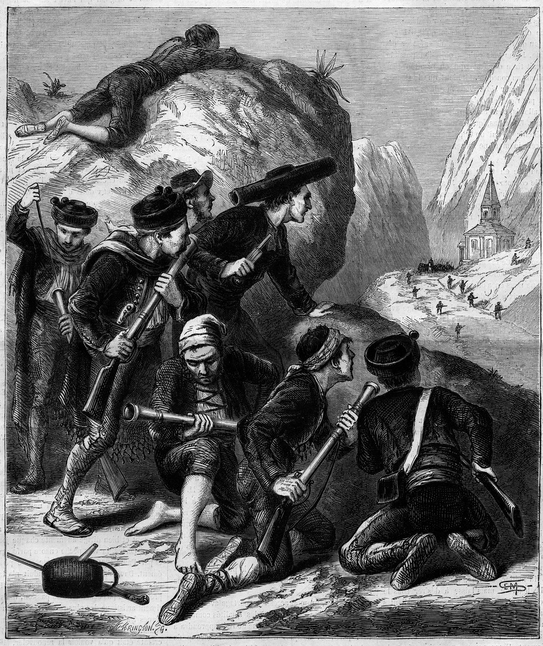 Tredje Carlist-krig (1872-1876): et bakholdsangrep fra Carlist i Navarre. av Unknown artist
