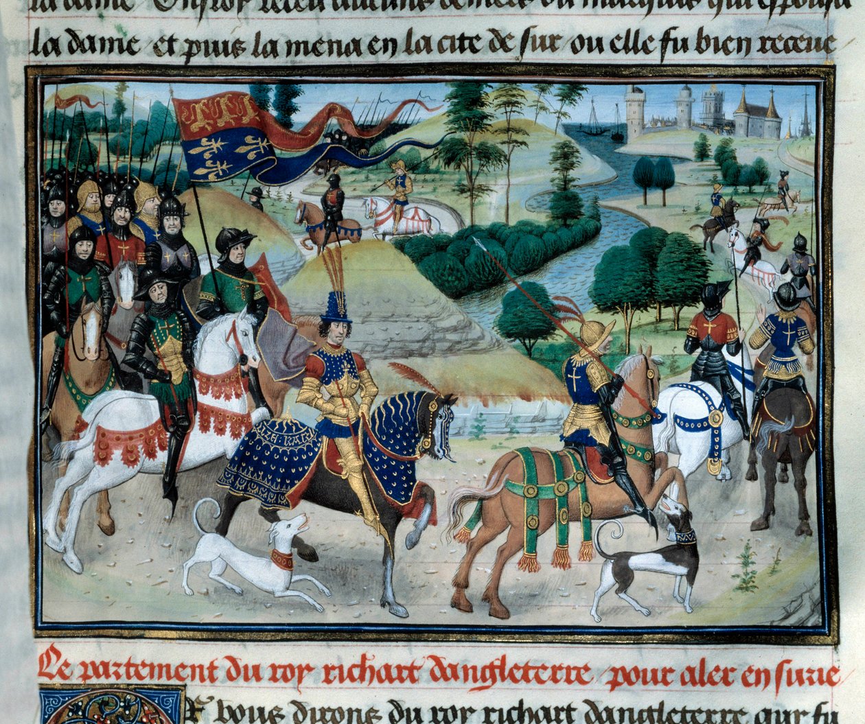 Tredje korstog: Richard Lion Heart (eller Richard I av England (1157-1199) seilte i juni 1191 til Det hellige land ved avgangen til Kypros Miniature hentet fra "Chronicles of Emperors"" av Loyset Liedet (1420-1479) 1400-tallet. Paris, Arsenals bibliotek av Unknown artist