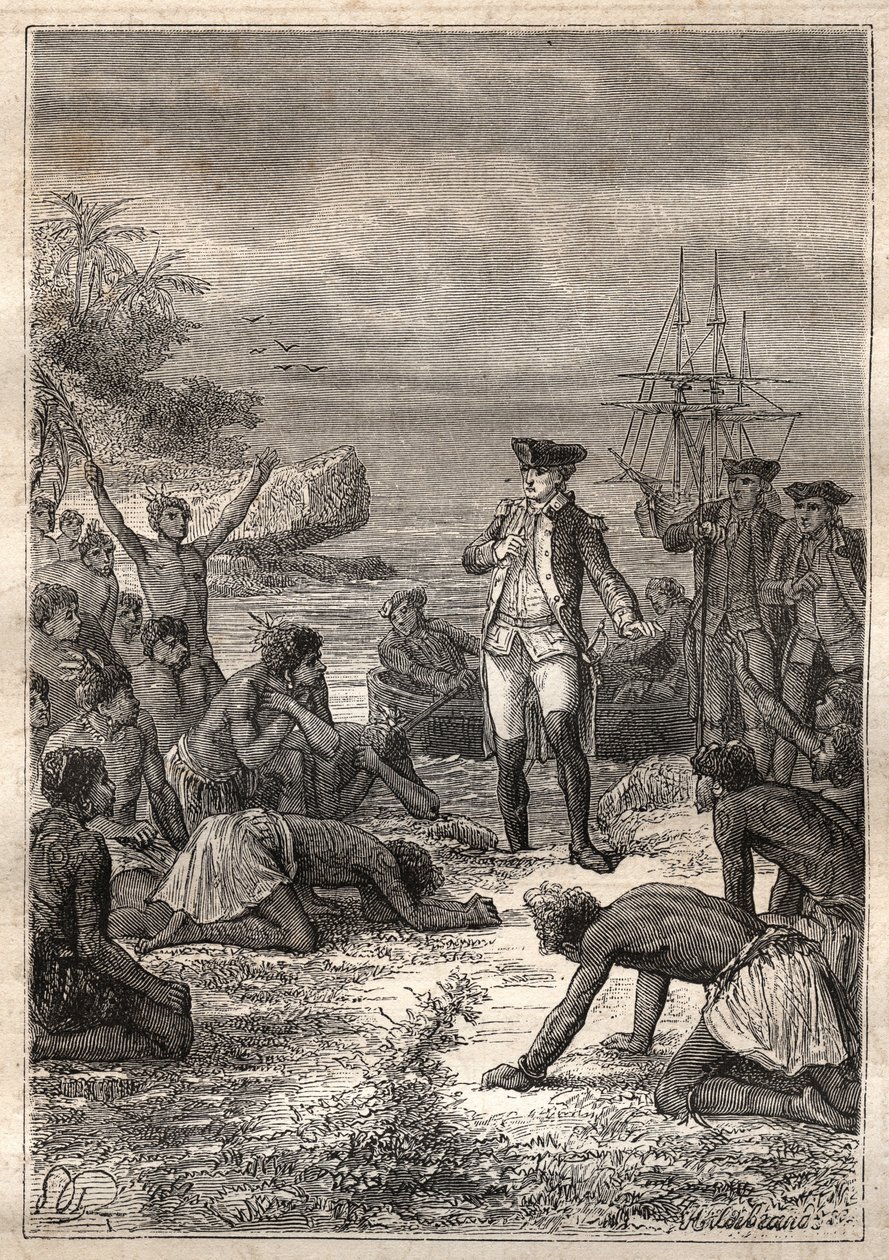 Tredje reise (1776-1779) av kaptein James Cook (1728-1779): Cook blir ønsket velkommen av de innfødte (Hawaii) - illustrasjon hentet fra "The Great Mariners of the 18th century" av Unknown artist