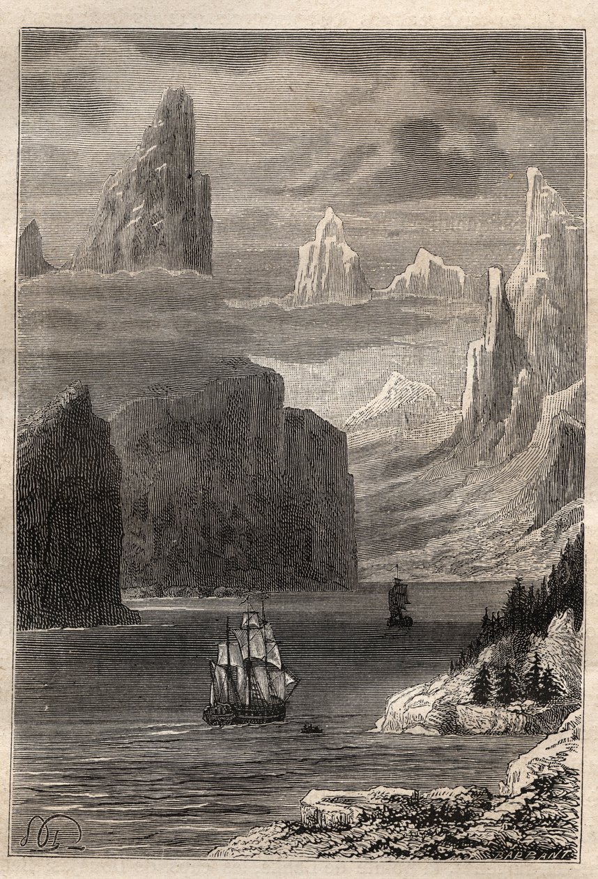 Tredje reise (1776-1779) av kaptein James Cook (1728-1779): Inngangen til prins William (prins William) (Alaska) - illustrasjon hentet fra "The Great Mariners of the 18th century"" av Unknown artist