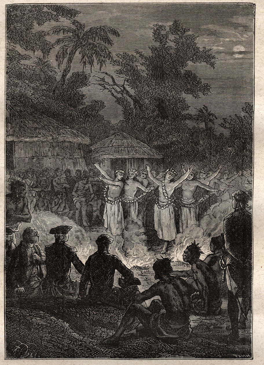 Third voyage (1776-1779) by Captain James Cook (1728-1779): a feast on the islands of the Friends (Kingdom of Tonga, Polynesia) - illustration taken from “The Great Mariners of the 18th century”” av Unknown artist