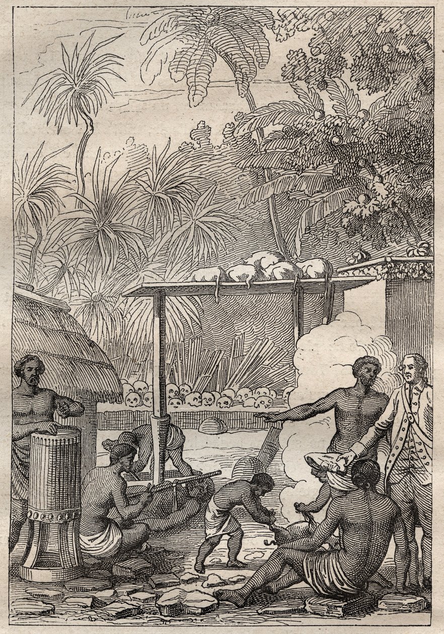 Tredje reise (1776-1779) av kaptein James Cook (1728-1779): menneskeofring til Tahiti - illustrasjon hentet fra "The Great Mariners of the 18th century"" av Unknown artist