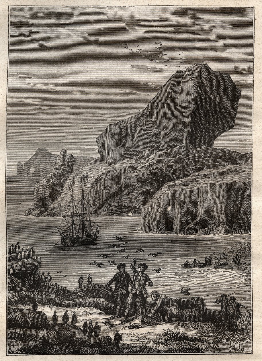 Tredje reise (1776-1779) av kaptein James Cook (1728-1779): øyene Kerguelen (Kerguelen-øygruppen, Antarktis) - illustrasjon hentet fra "" The Great Mariners of the 18th century"" av Unknown artist