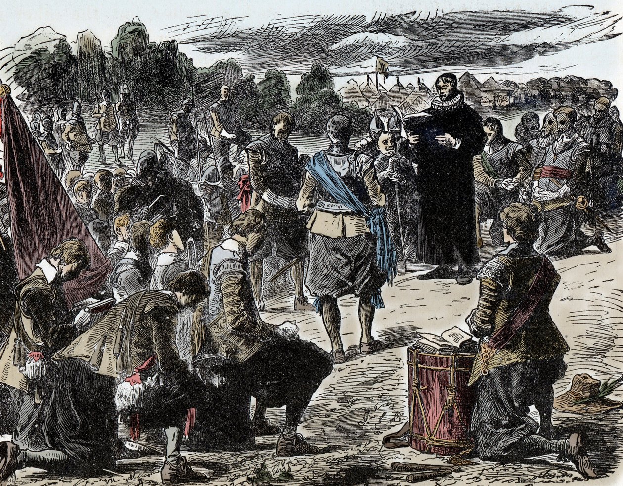 Tretti års krig: svensker i bønn før slaget ved Luetzen – tretti års krig (1618–1648): Kong Gustave II Adolphe av Sverige (1594–1632) og troppene hans samles til en religiøs feiring før slaget ved Lutzen (1632) av Unknown artist