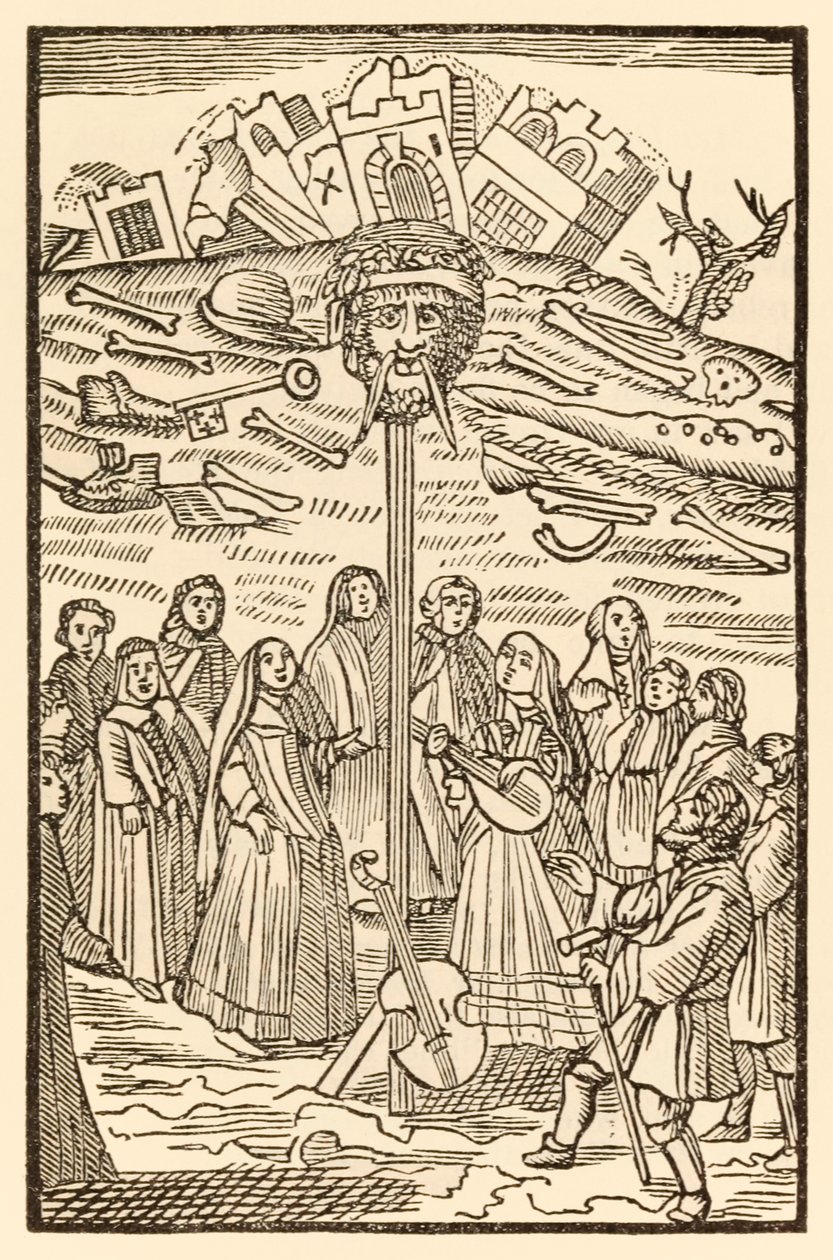 Det tvilende slottet blir revet, og den gigantiske fortvilelsen har mistet hodet fra The Pilgrims Progress From This World, To That Who Is To Come av John Bunyan (1628-1688) Christiana og Mercy spiller mu av Unknown