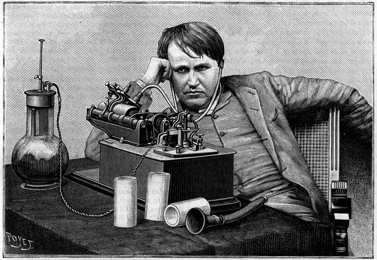 Thomas Edison (1847-1931), amerikansk fysiker, i New York, og hørte det første "fonogrammet" sendt fra England. (Fra et fotografi formidlet til "La Nature" av oberst Gouraud). Gravering i "" La Nature: revue des sciences et de leurs applications aux arts av Unknown artist