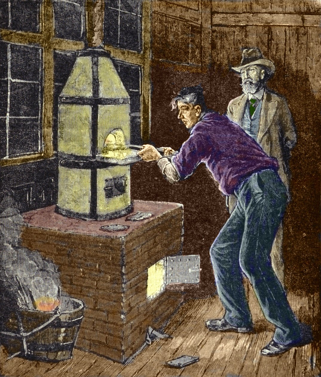 Thomas Edison eksperimenterer rundt 1879 med karbonpapir til glødelampen. av Unknown artist