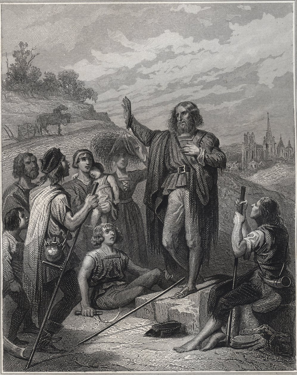 Thomas Muntzer forkynnelse - Thomas Muntzer (Munzer) (1489-1525) underviste i sin lære - Gravering i "Les Fastes Populaires, eller historien om folkets heroiske handlinger og deres innflytelse på vitenskapene, kunsten, industrien og jordbruket" av Alphonse av Unknown artist