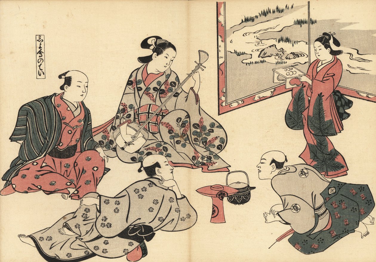 Tre samuraier lytter til en kurtisane som spiller shamisen, mens en kamuro bringer mat på et brett. Treblokktrykk av Masanobu Okumura (1686-1764) fra Fuzoku Emakimono, Picture Scroll of the Water Trade, Tokyo, opptrykk rundt 1880. av Unknown artist