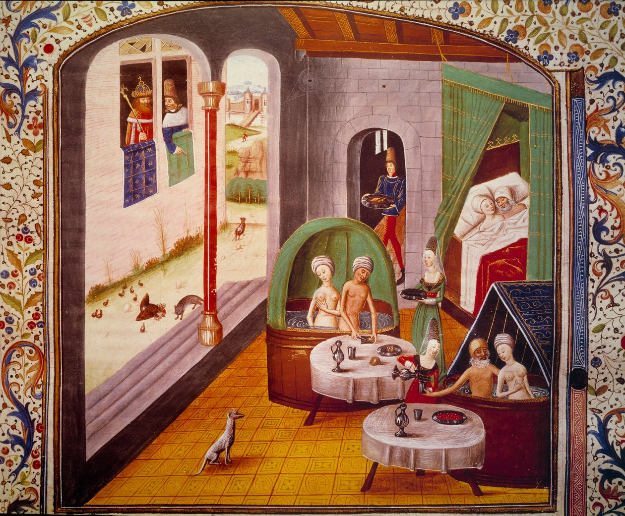 Miniatyrbilde. Inne i et "badehus" i middelalderen av Unknown artist