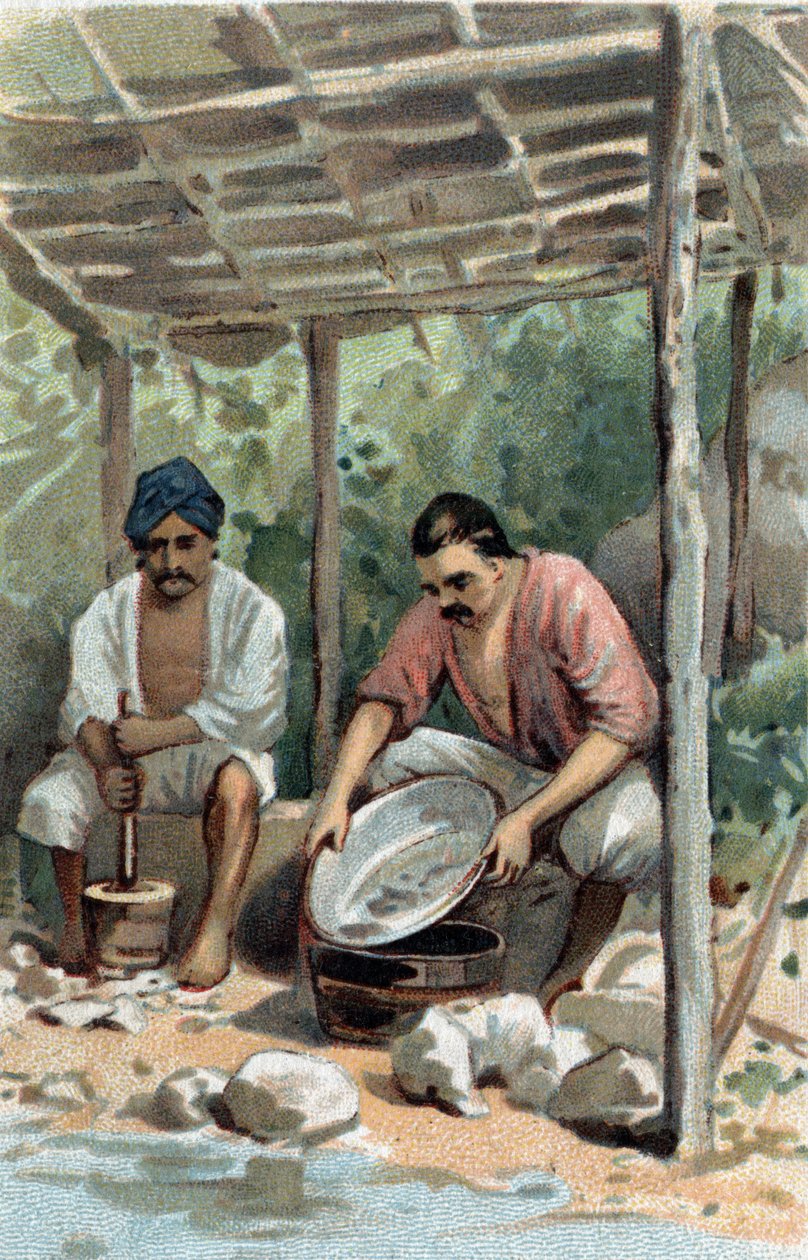 Tinnskrubbere i Malacca (Malacca), Malaysia. Kromolitografi fra slutten av 1800-tallet. av Unknown artist
