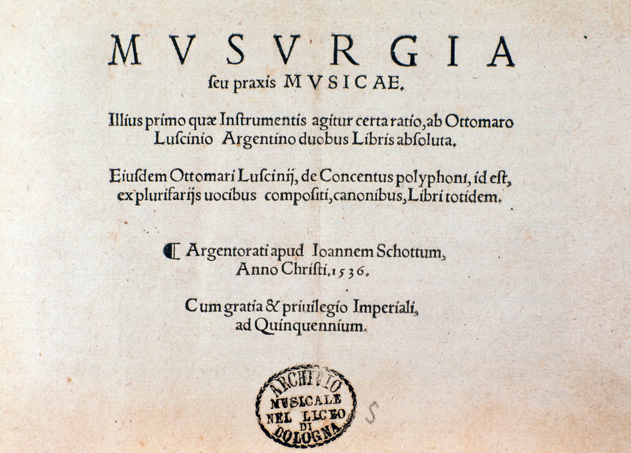 Tittelside til Musurgias praktiske håndbok for musikk (1536) av Unknown artist