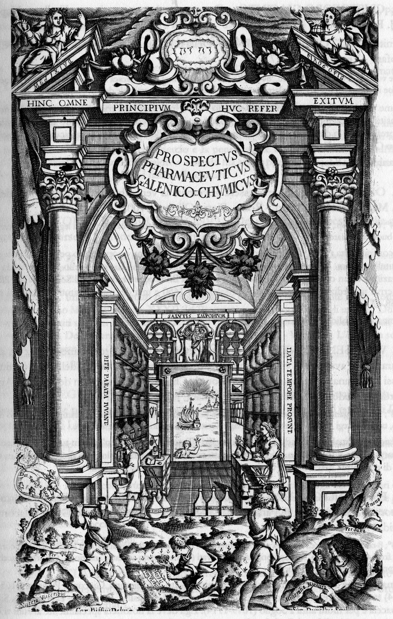 Tittelside til "" PROSPEKTET TIL PHARMUNICI, under hvilket Galen-Chemicum fra MILAN ANTIDOTARY av Unknown artist