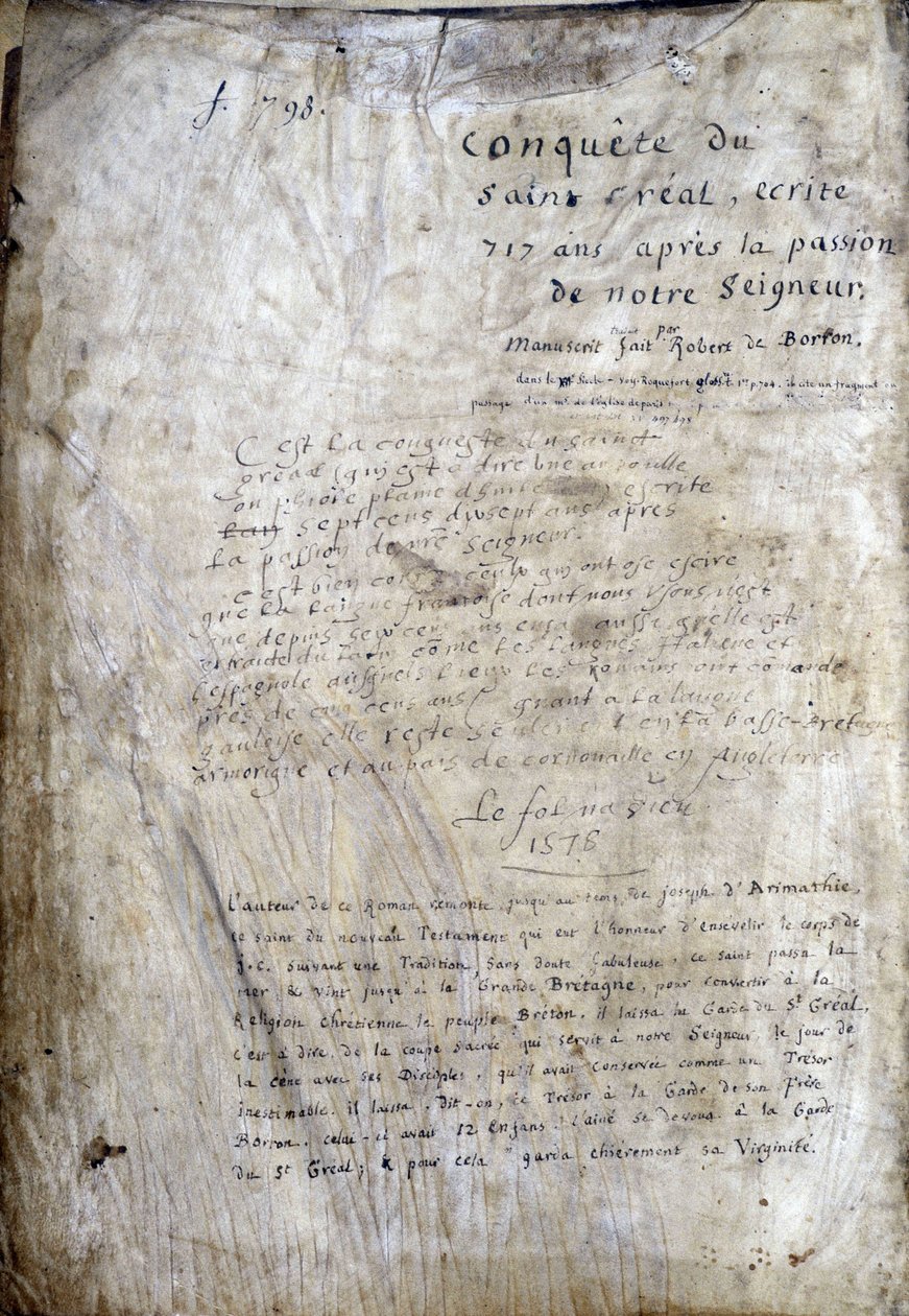 Tittelside til et manuskript: Erobringen av Saint Gréal, skrevet 717 år etter lidenskapen til vår herre. Bibliotheque Municipale de Rennes, ms. 255 (Samling av romaner om det runde bord); Paris av Unknown artist