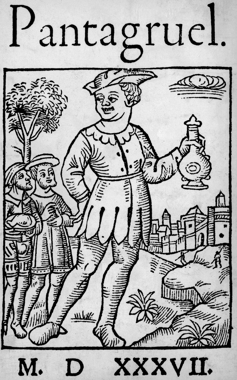 Tittelside til 1537-utgaven av Pantagruel, av Francois Rabelais - Den gigantiske Pantagruel og to av apostlene hans, fra 