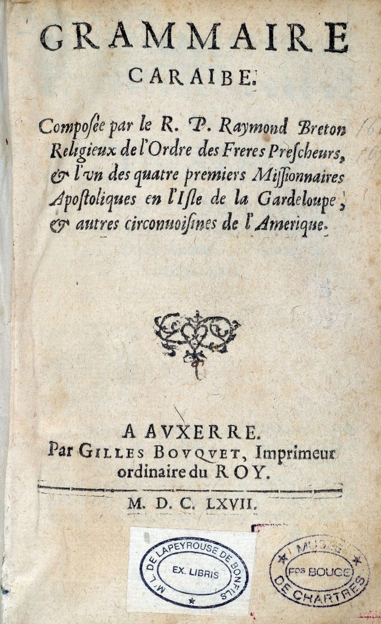 Tittelsiden til "" karibisk grammatikk"" av ærverdig far Raymond Breton, dominikansk nybygger. 1667 Chartres, Musee des Beaux Arts av Unknown artist