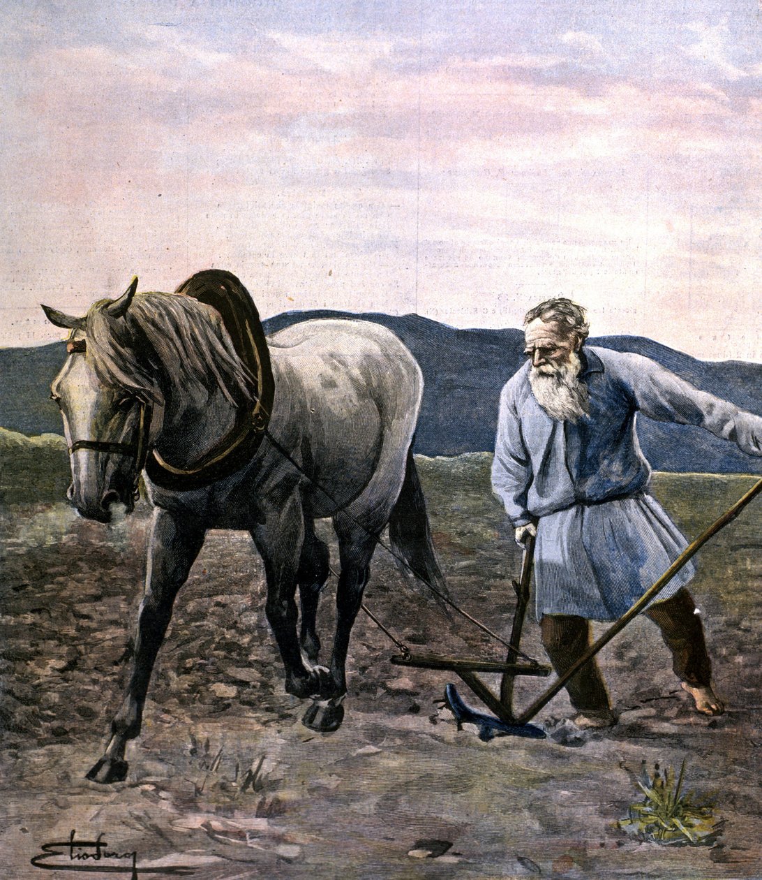 Tolstoj pløyer. Gravering sent på 1800-tallet. av Unknown artist