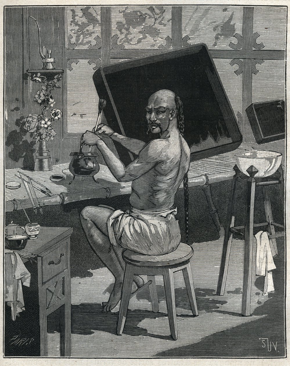 Tong oljemangel i Kina. Gravering fra 1885 i "" Les arts et metiers illustres"" av Adolphe BITARD. av Unknown artist