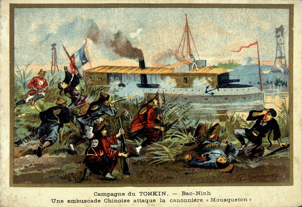 Tonkin-kampanje: i Bac-Ninh angriper et kinesisk bakhold pistolbåten "" Carabiner"" - chromo., sent på 1800-tallet av Unknown artist