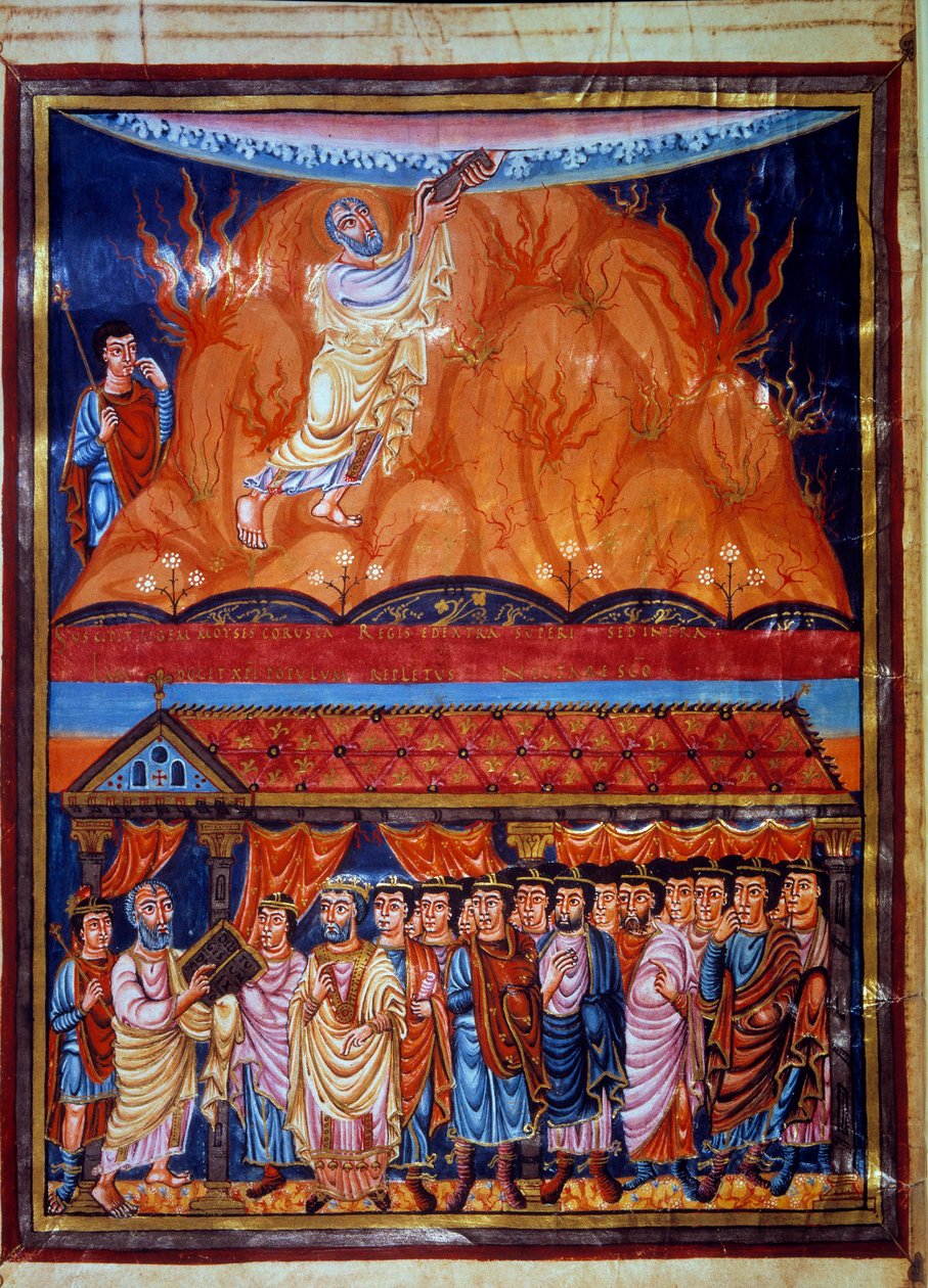 Øverst: Moses mottar lovens tabeller, nederst: Moses forklarer loven for det hebraiske folket. Miniatyr fra "" First Bible by Charles the Bald"" Paris fra 900-tallet, B.N. av Unknown artist