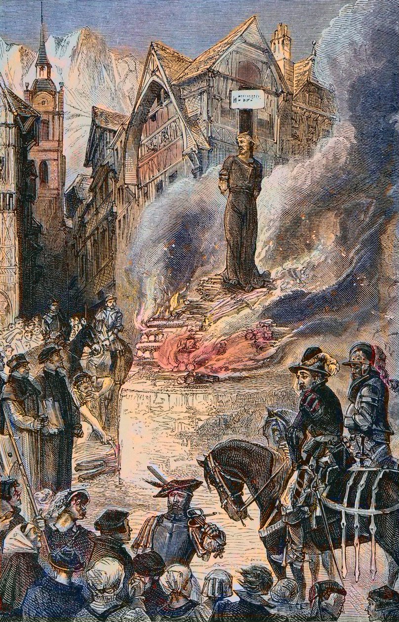 Tortur av Michel Servet i Genève (Michael Servetus) (Michel de Villeneuve) Spansk lege og teolog (1511-1553) - Le torice de Michel Servet (Miguel Serveto) (1511-1553) en Genève, spansk lege og teolog Gravering av Unknown artist