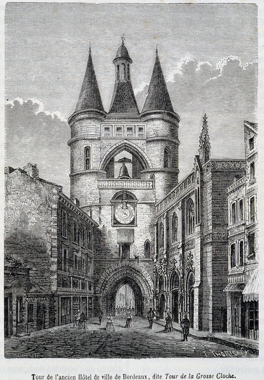 Tårnet til det tidligere Hôtel de Ville de Bordeaux, kjent som "Tour de la Grosse Bell" - gravering av Unknown artist