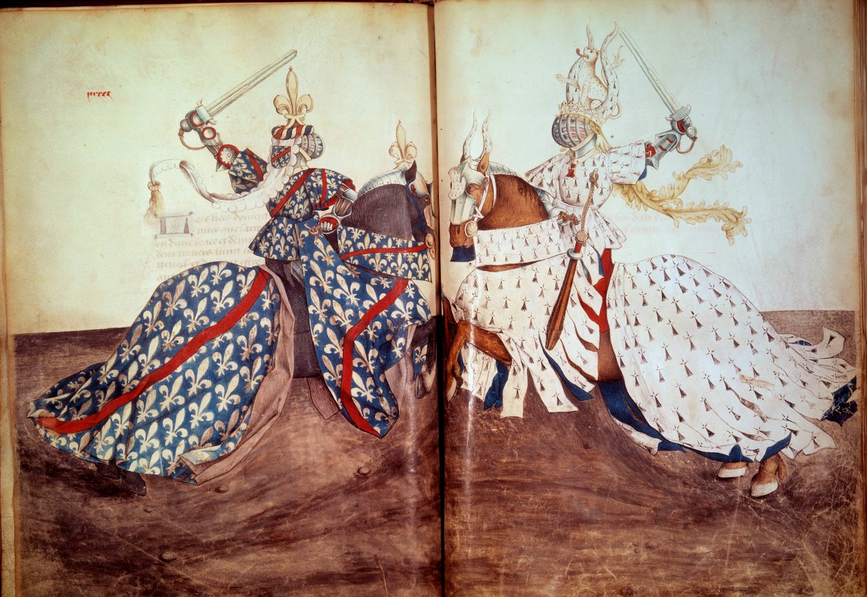 Turnering: Spill av den kallende herren og tiltalte herren (hertugen av Bretagne og hertugen av Bourbon-ansiktet). Manuskript "" Book of tournaments"" (Folio 32v - folio33) av Rene d