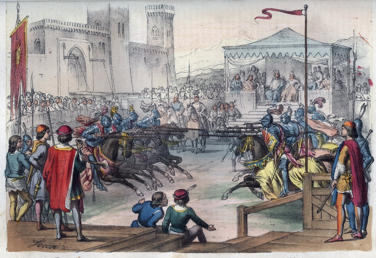 Turnering i anledning bryllupet til Isabelle (Isabella, Elizabeth) av Baviere (1371-1435) og Charles VI - Turnering i anledning ekteskapet til Isabelle (Isabella, Elizabeth) av Bayern (1371-1435) og Charles VI av Frankrike - gravering fra av Unknown artist