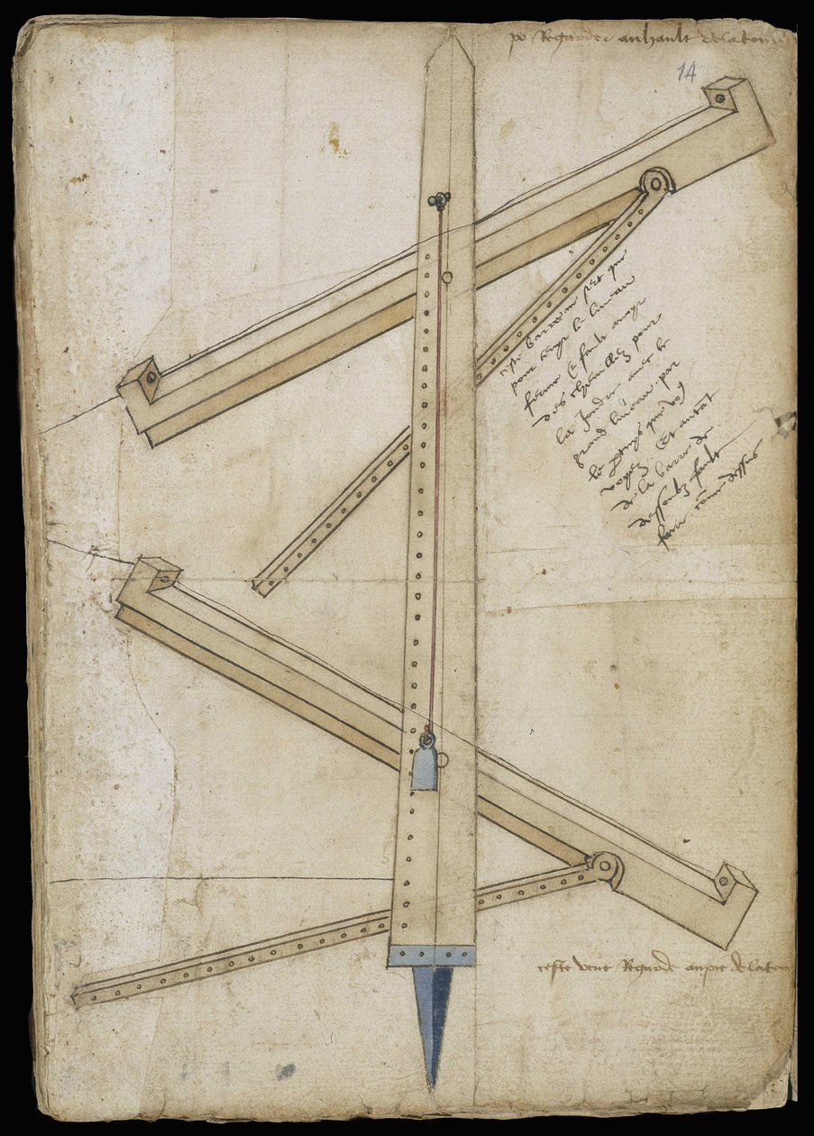 Tårnmålemaskin - Manuskript: pergamentark av en ingeniørhåndbok for bygging av sivile, religiøse og militære bygninger, anonym, sent på 1400-tallet (figur med kinesisk blekk) av Unknown artist